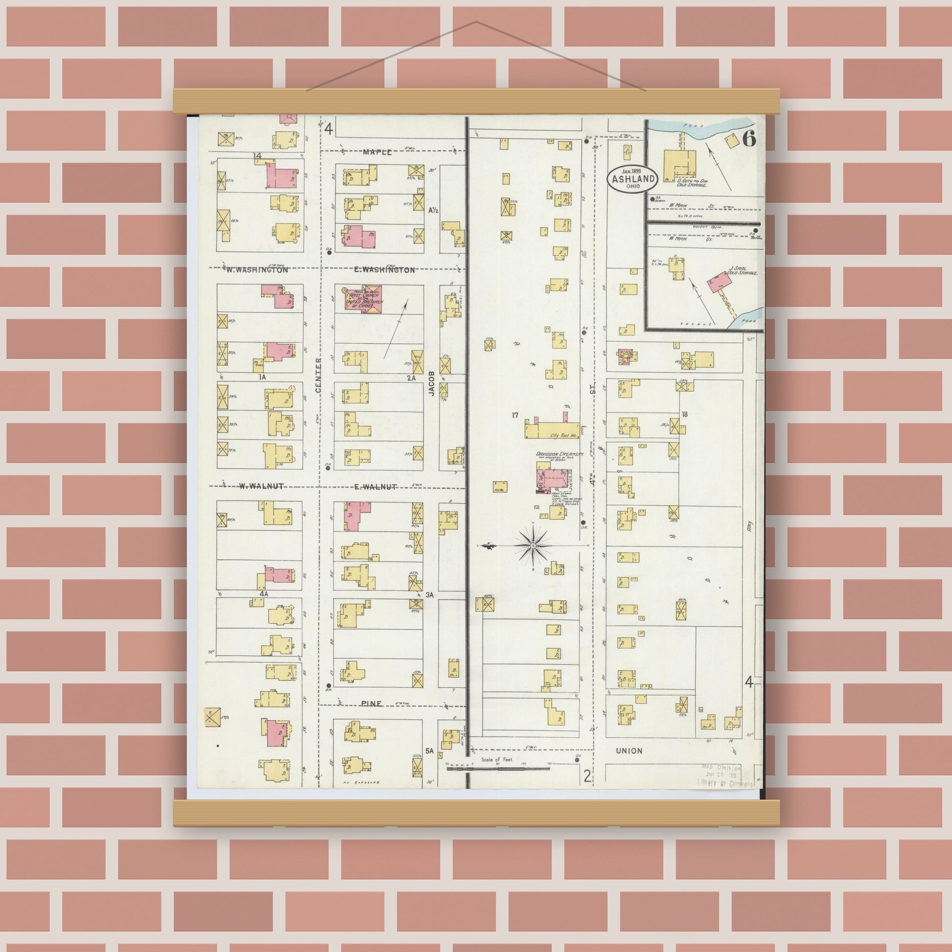 Old map wall art mockup — magnetic wood frame on brick wall — Sanborn Fire Insurance Map from Ashland, Ashland County, Ohio (1899), Sheet #0006
