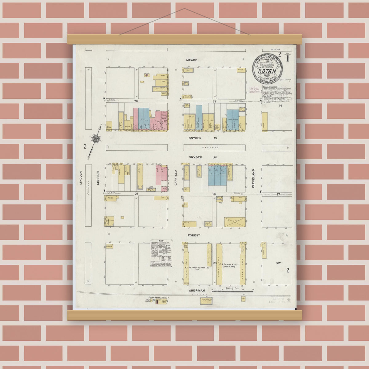 Old map wall art mockup — magnetic wood frame on brick wall — Sanborn Fire Insurance Map from Rotan, Fisher County, Texas (1911) - Complete Map Set