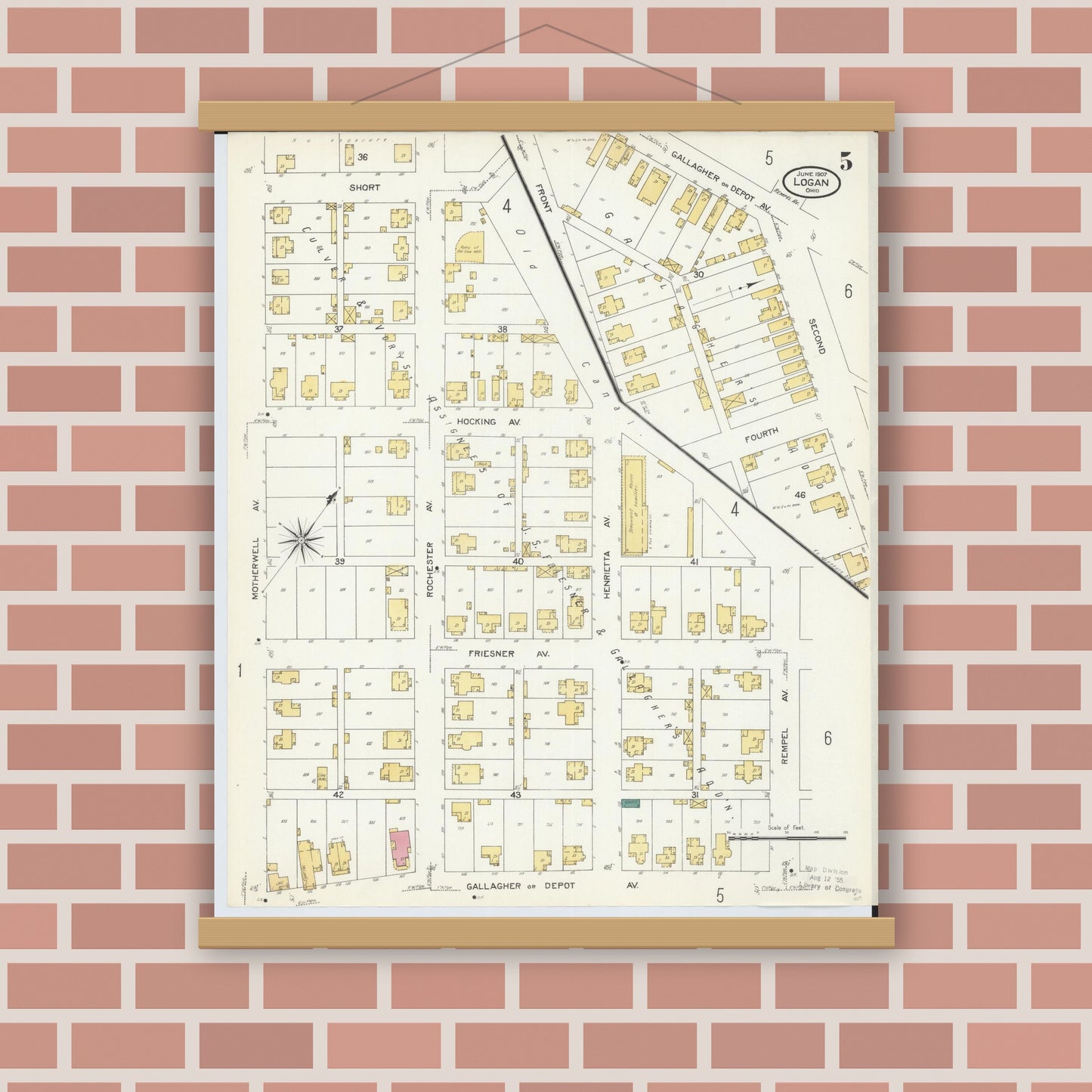 Old map wall art mockup — magnetic wood frame on brick wall — Sanborn Fire Insurance Map from Logan, Hocking County, Ohio (1907), Sheet #0005