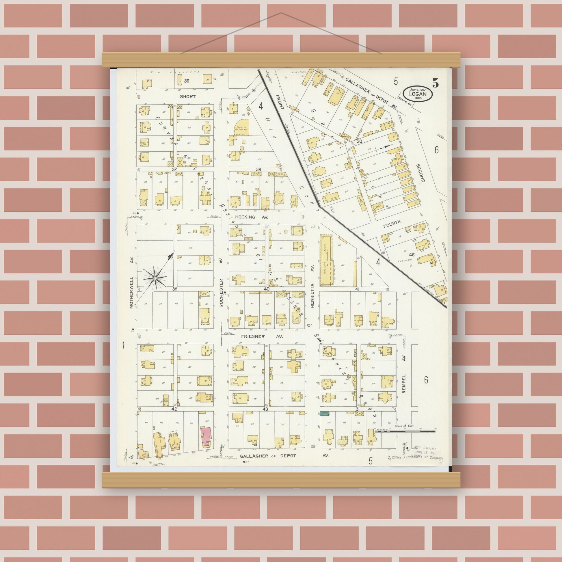 Old map wall art mockup — magnetic wood frame on brick wall — Sanborn Fire Insurance Map from Logan, Hocking County, Ohio (1907), Sheet #0005