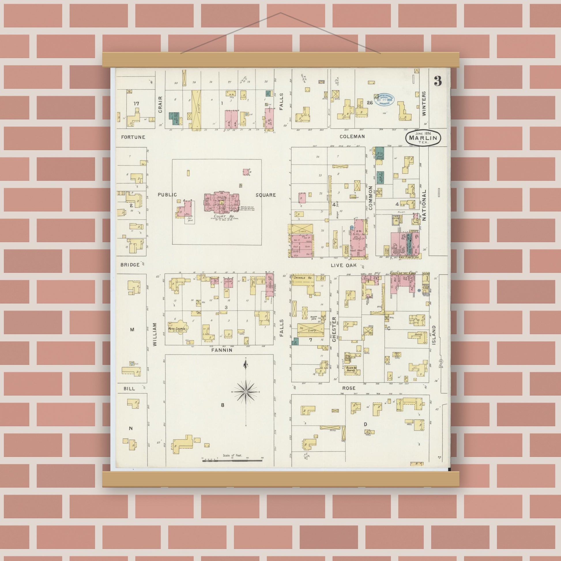 Old map wall art mockup — magnetic wood frame on brick wall — Sanborn Fire Insurance Map from Marlin, Falls County, Texas (1894), Sheet #0003