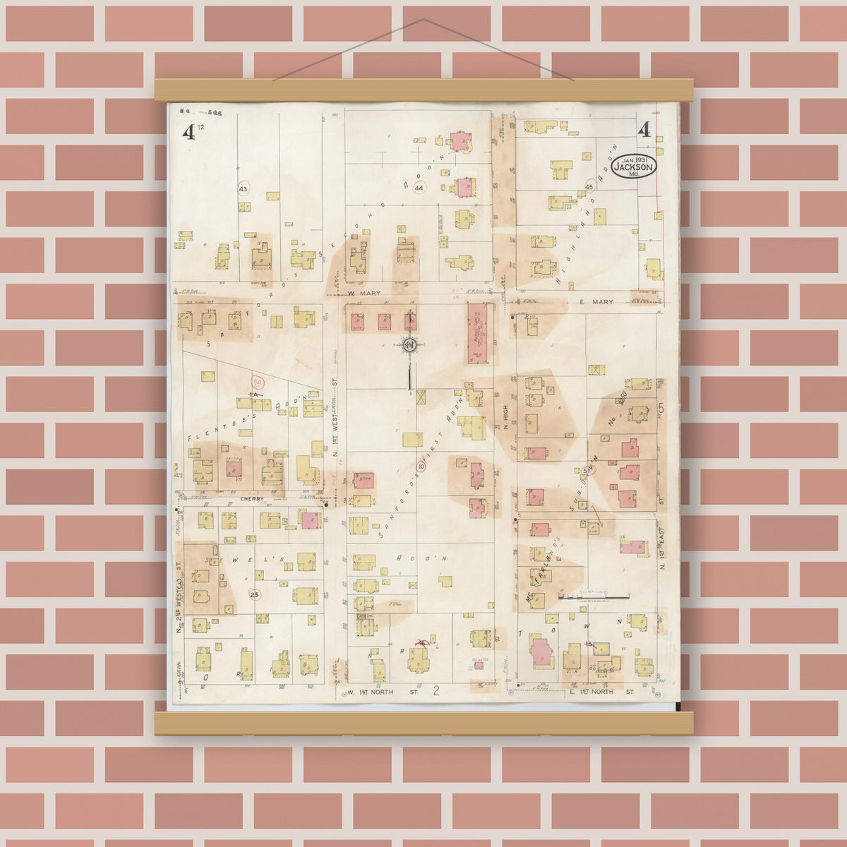 Old map wall art mockup — magnetic wood frame on brick wall — Sanborn Fire Insurance Map from Jackson, Cape Girardeau County, Missouri (1941), Sheet #0004