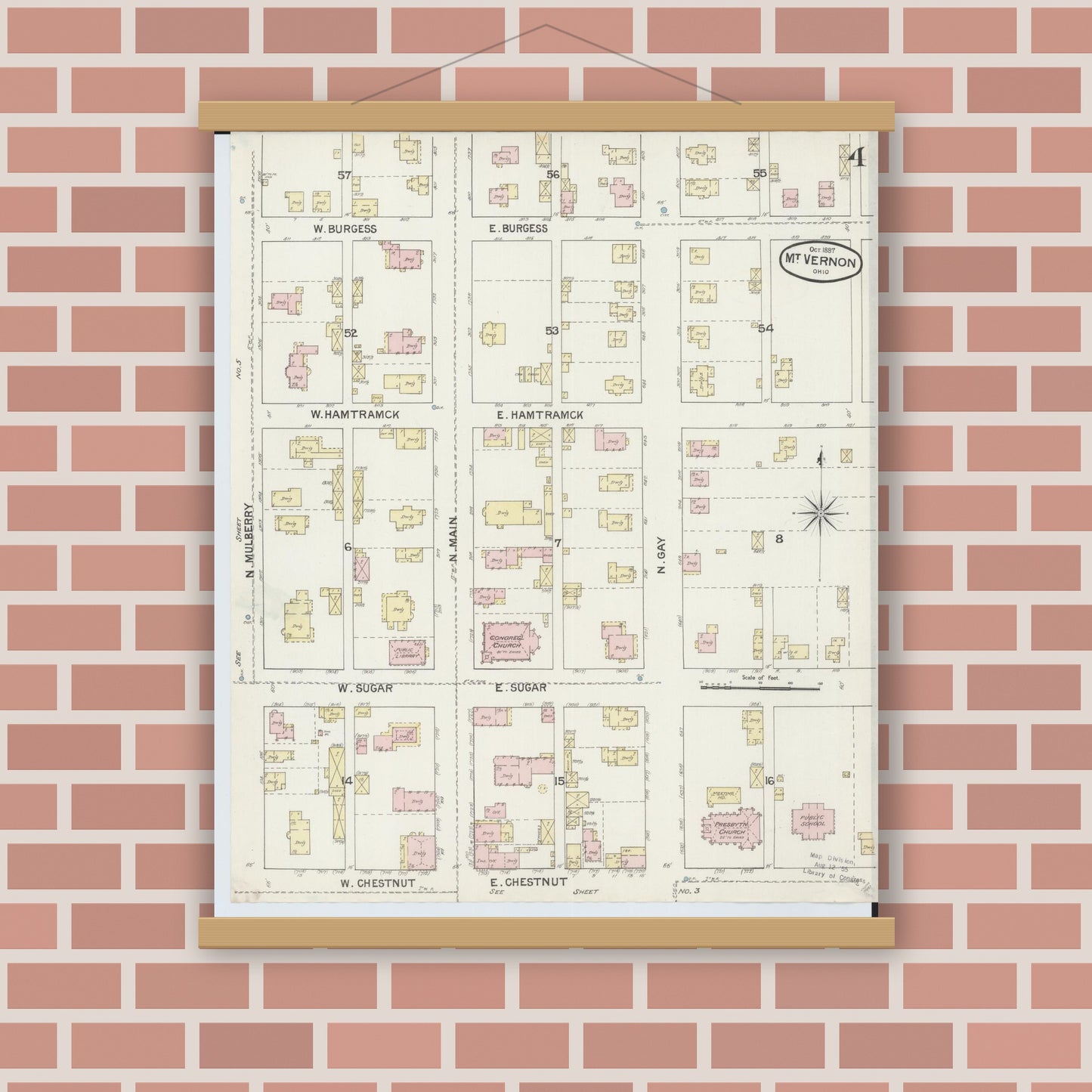Old map wall art mockup — magnetic wood frame on brick wall — Sanborn Fire Insurance Map from Mount Vernon, Knox County, Ohio (1887), Sheet #0004