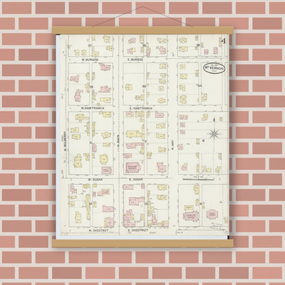 Old map wall art mockup — magnetic wood frame on brick wall — Sanborn Fire Insurance Map from Mount Vernon, Knox County, Ohio (1887), Sheet #0004