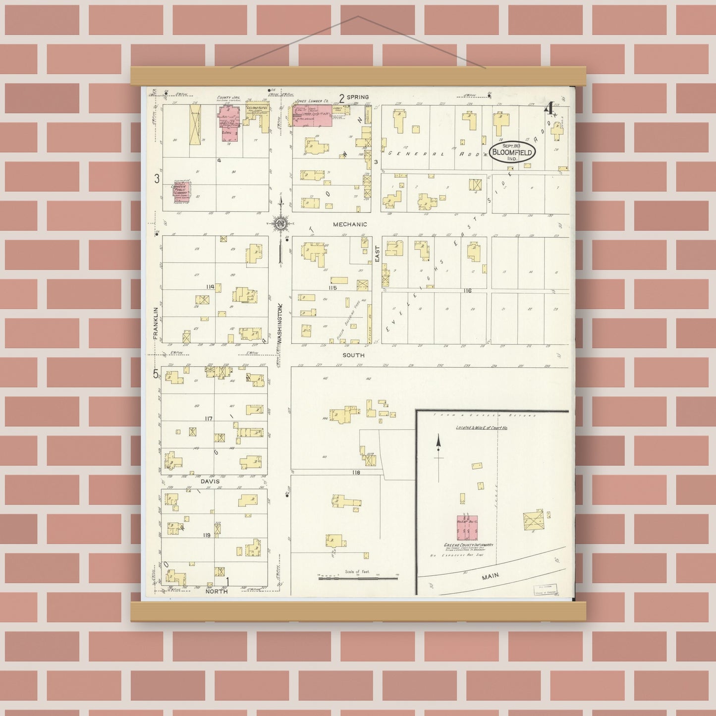 Old map wall art mockup — magnetic wood frame on brick wall — Sanborn Fire Insurance Map from Bloomfield, Greene County, Indiana (1913), Sheet #0004