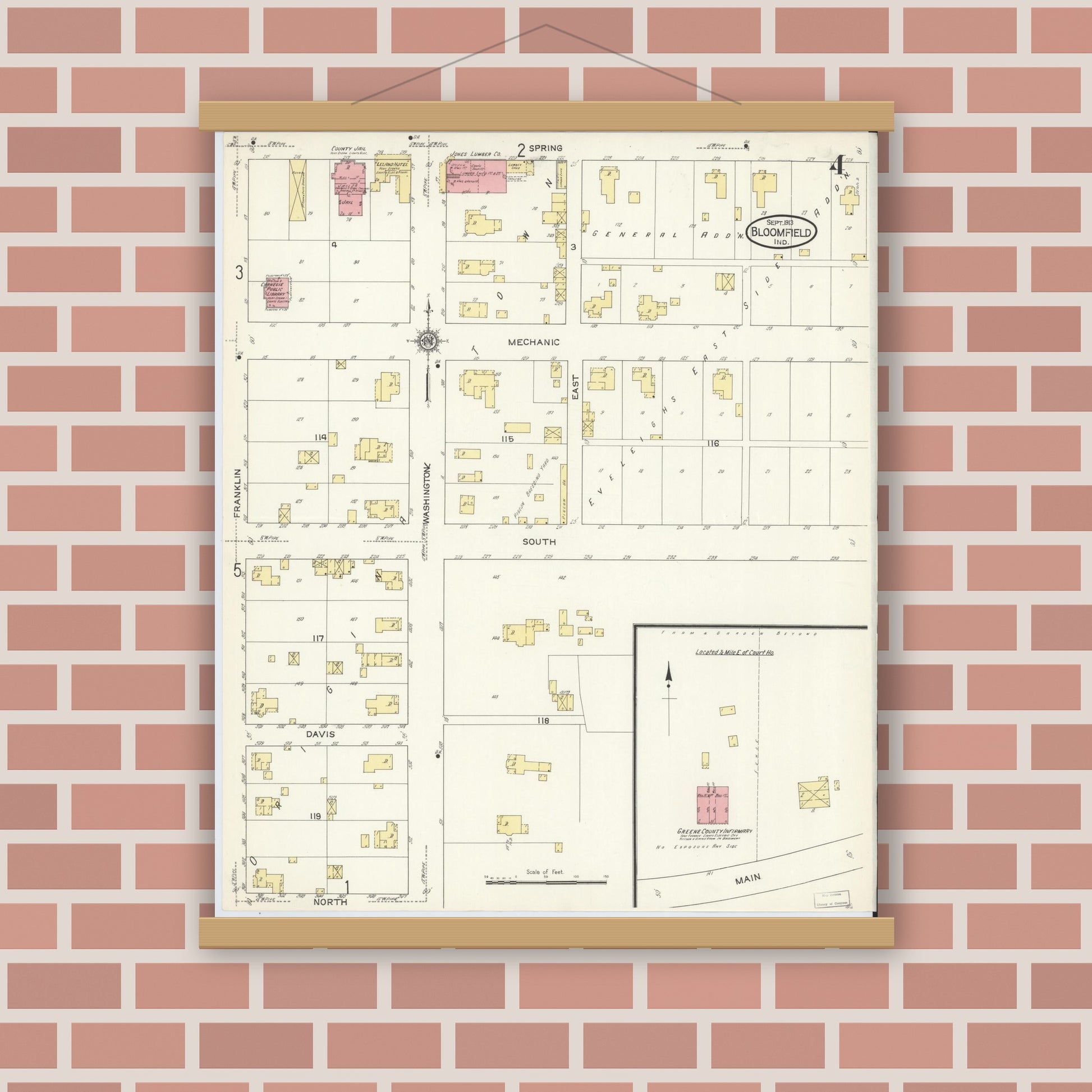 Old map wall art mockup — magnetic wood frame on brick wall — Sanborn Fire Insurance Map from Bloomfield, Greene County, Indiana (1913), Sheet #0004