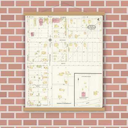 Old map wall art mockup — magnetic wood frame on brick wall — Sanborn Fire Insurance Map from Bloomfield, Greene County, Indiana (1913), Sheet #0004