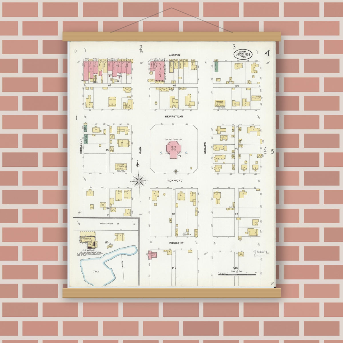 Old map wall art mockup — magnetic wood frame on brick wall — Sanborn Fire Insurance Map from Giddings, Lee County, Texas (1906), Sheet #0004