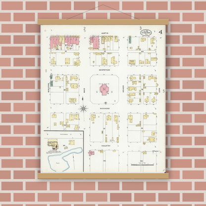 Old map wall art mockup — magnetic wood frame on brick wall — Sanborn Fire Insurance Map from Giddings, Lee County, Texas (1906), Sheet #0004