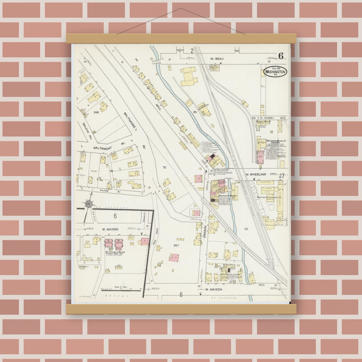 Old map wall art mockup — magnetic wood frame on brick wall — Sanborn Fire Insurance Map from Washington, Washington County, Pennsylvania (1914), Sheet #0006