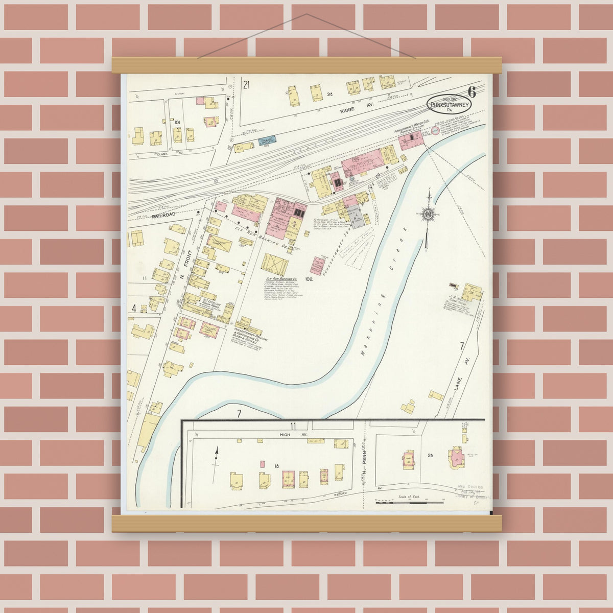 Old map wall art mockup — magnetic wood frame on brick wall — Sanborn Fire Insurance Map from Punxsutawney, Jefferson County, Pennsylvania (1912), Sheet #0006