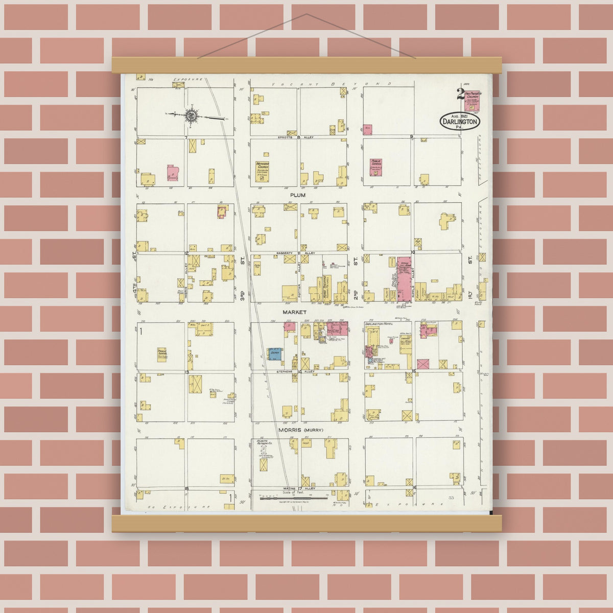 Old map wall art mockup — magnetic wood frame on brick wall — Sanborn Fire Insurance Map from Darlington, Beaver County, Pennsylvania (1921), Sheet #0002