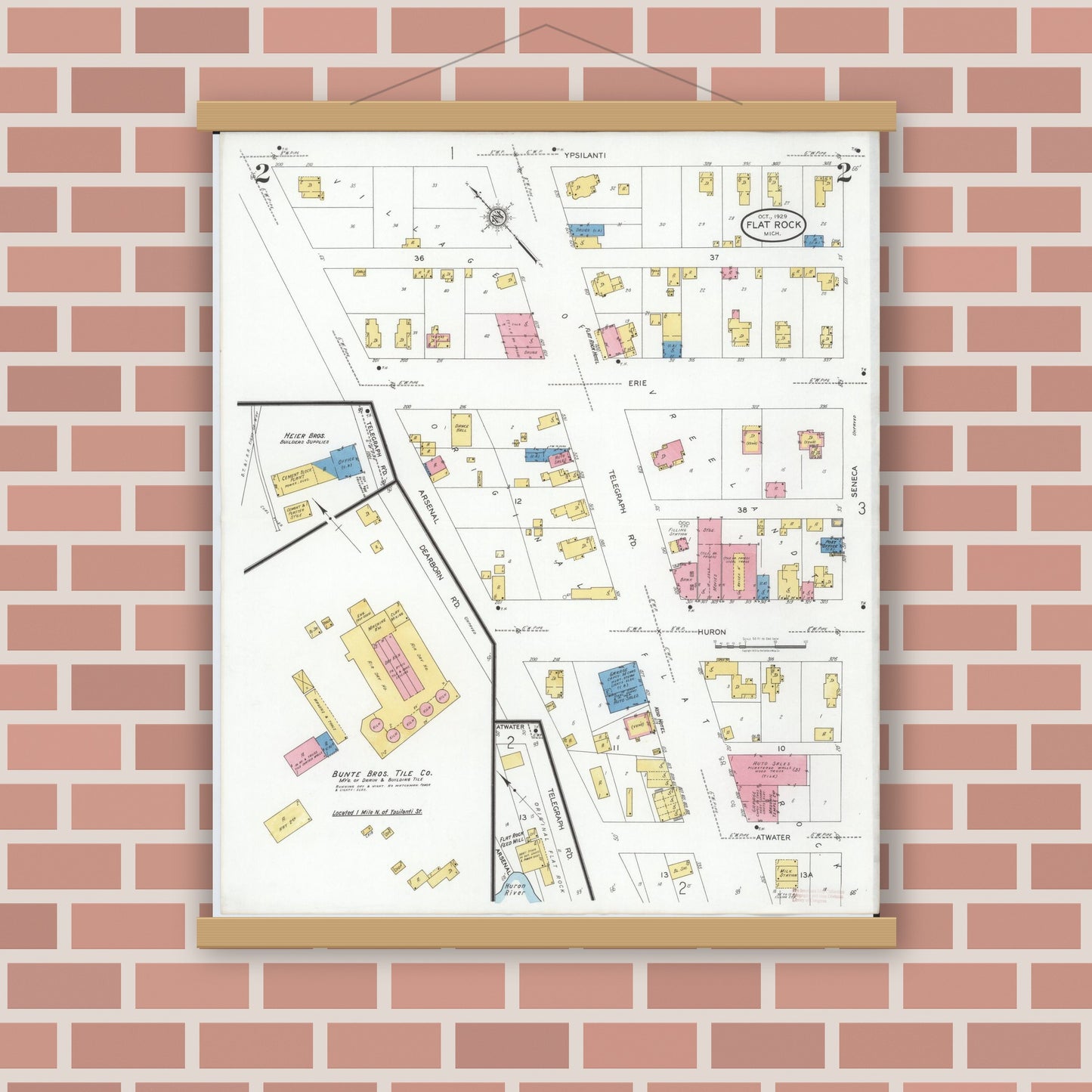 Old map wall art mockup — magnetic wood frame on brick wall — Sanborn Fire Insurance Map from Flat Rock, Wayne County, Michigan (1929), Sheet #0002