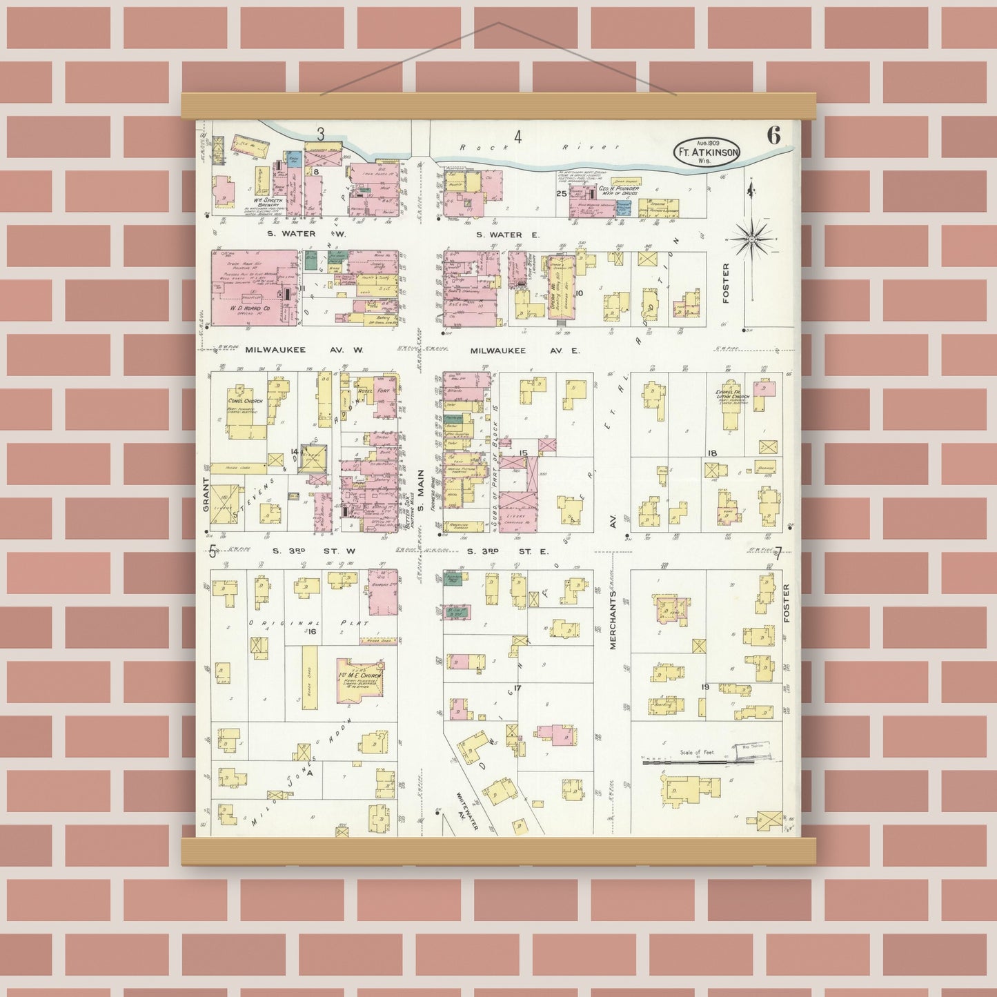 Old map wall art mockup — magnetic wood frame on brick wall — Sanborn Fire Insurance Map from Fort Atkinson, Jefferson County, Wisconsin (1909), Sheet #0006