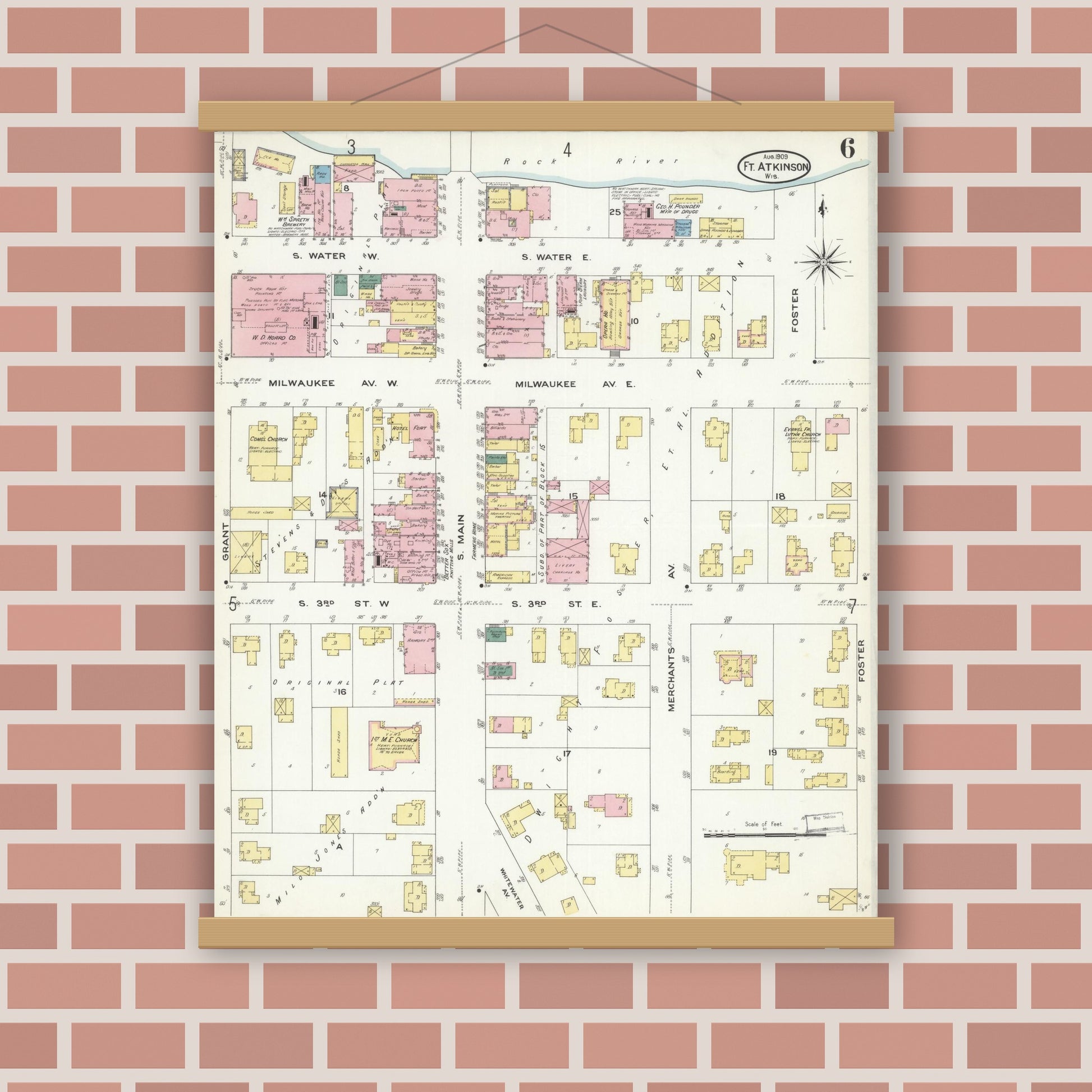 Old map wall art mockup — magnetic wood frame on brick wall — Sanborn Fire Insurance Map from Fort Atkinson, Jefferson County, Wisconsin (1909), Sheet #0006