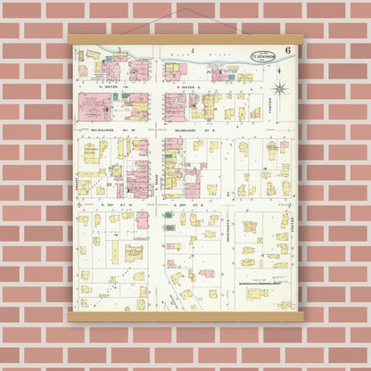 Old map wall art mockup — magnetic wood frame on brick wall — Sanborn Fire Insurance Map from Fort Atkinson, Jefferson County, Wisconsin (1909), Sheet #0006