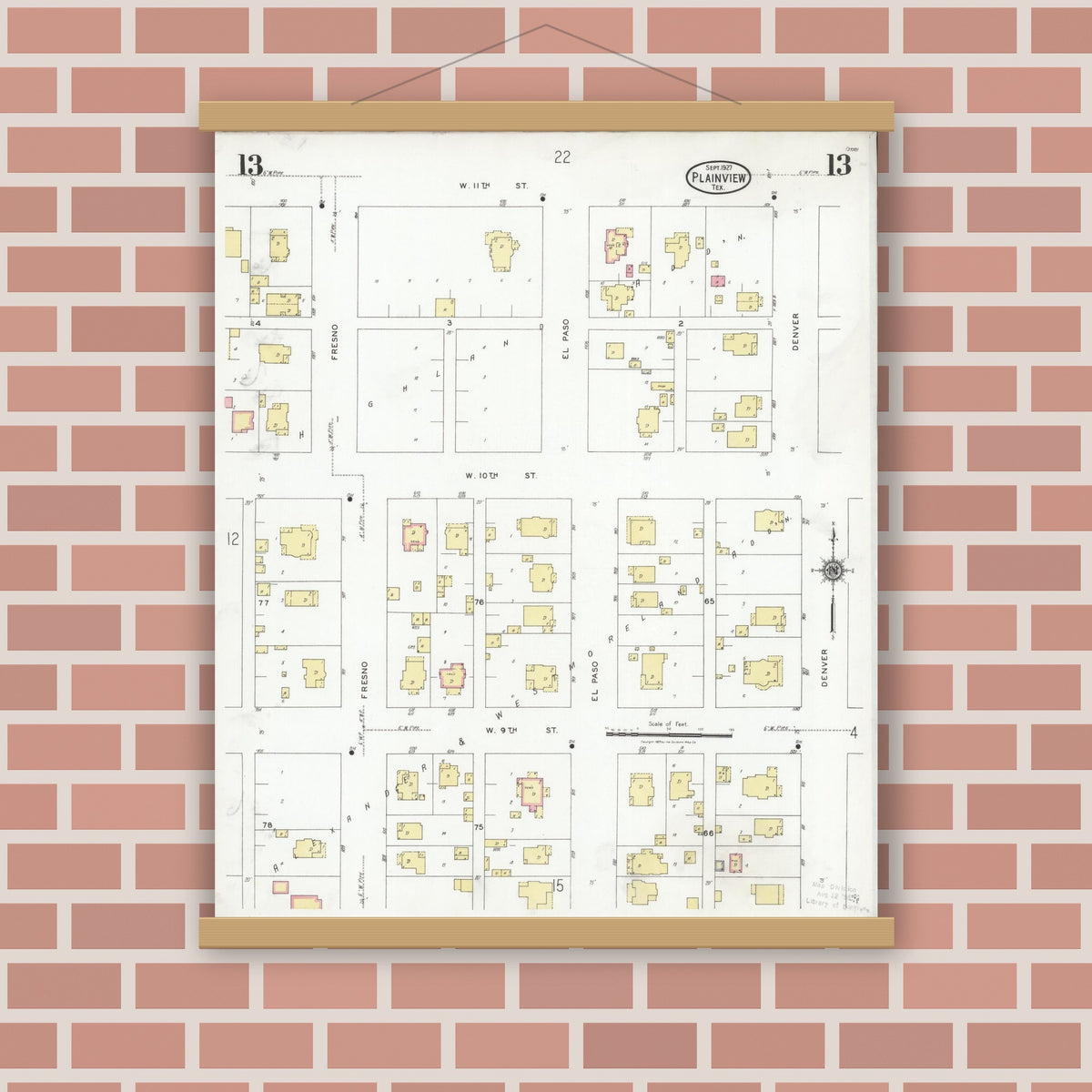 Old map wall art mockup — magnetic wood frame on brick wall — Sanborn Fire Insurance Map from Plainview, Hale County, Texas (1927), Sheet #0013