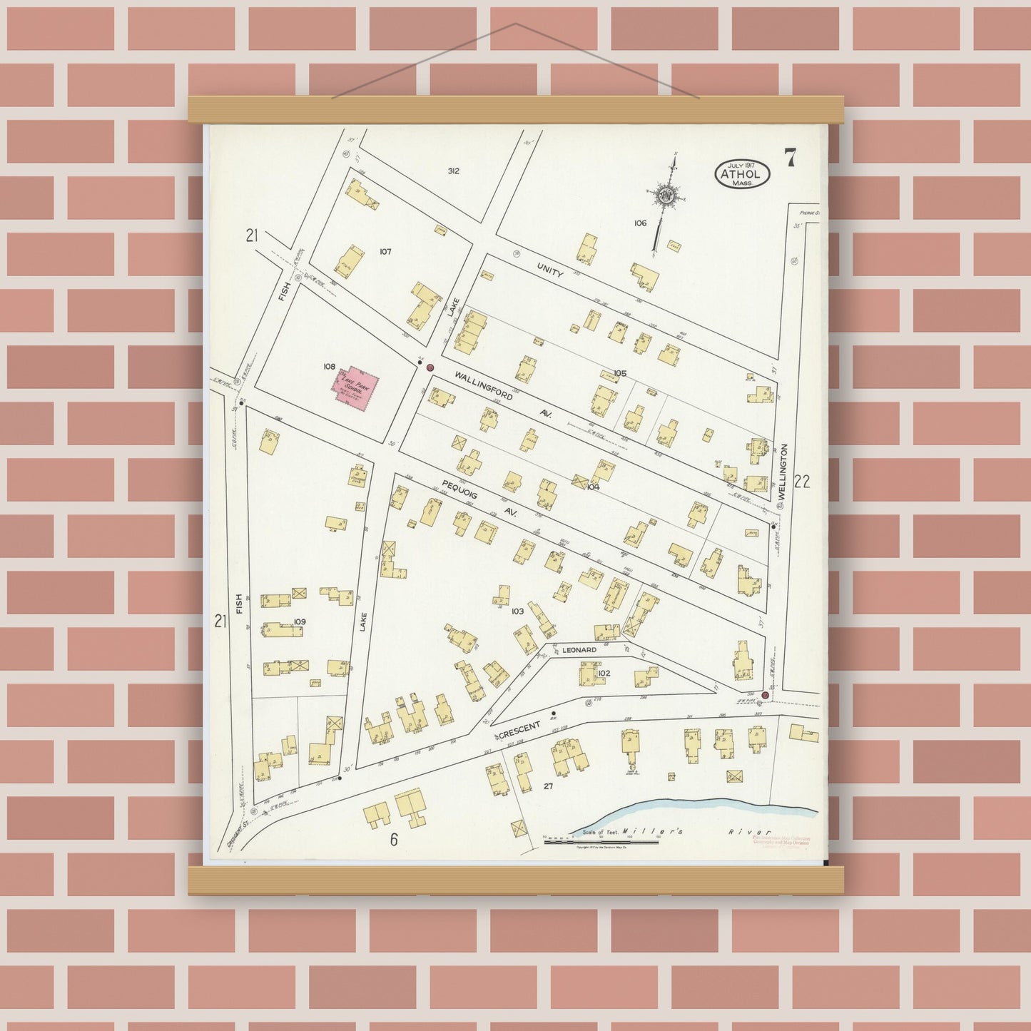 Old map wall art mockup — magnetic wood frame on brick wall — Sanborn Fire Insurance Map from Athol, Worcester County, Massachusetts (1917), Sheet #0007