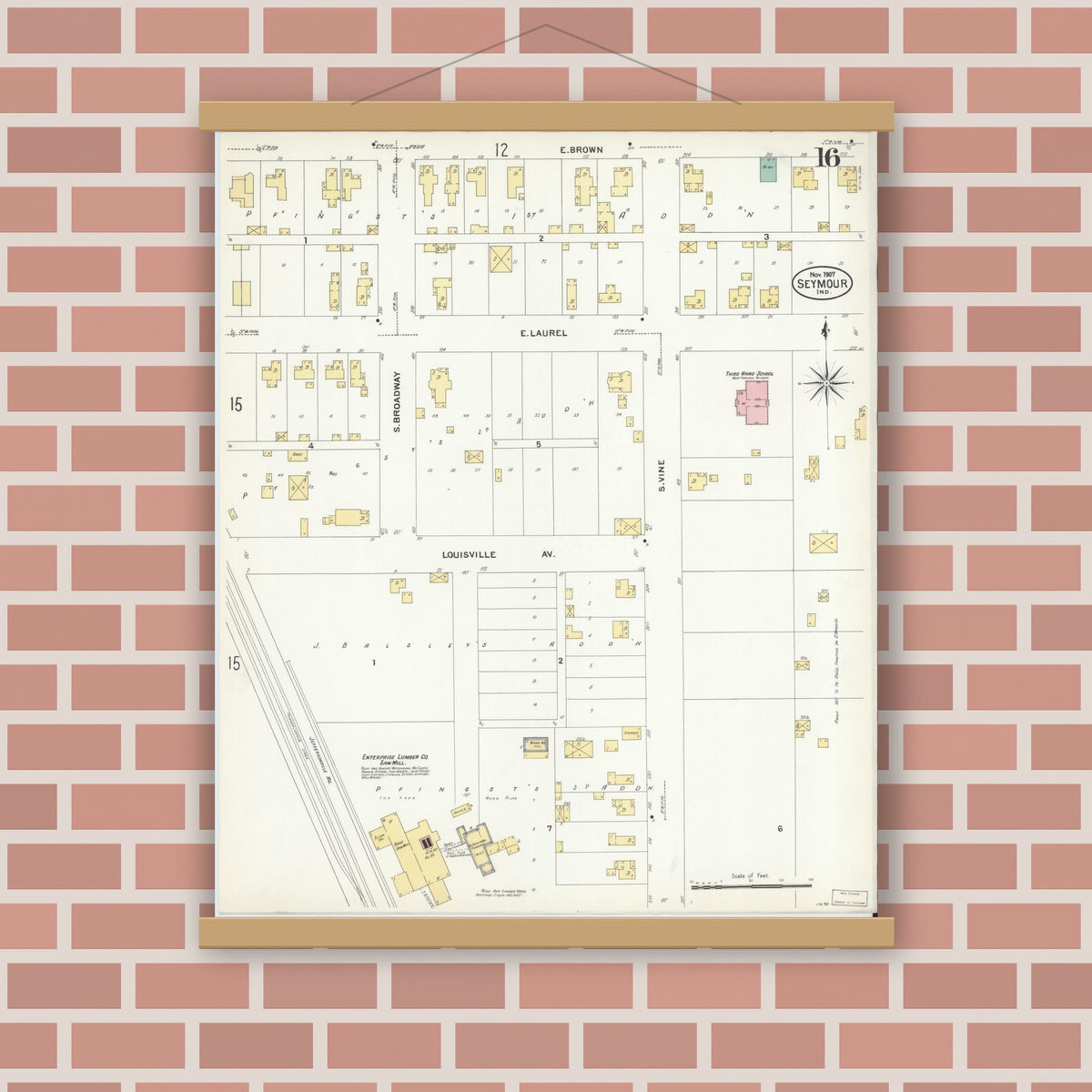 Old map wall art mockup — magnetic wood frame on brick wall — Sanborn Fire Insurance Map from Seymour, Jackson County, Indiana (1907), Sheet #0016