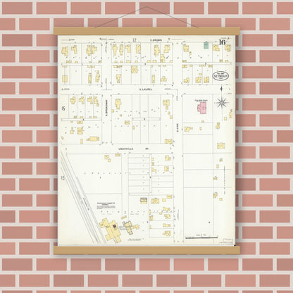 Old map wall art mockup — magnetic wood frame on brick wall — Sanborn Fire Insurance Map from Seymour, Jackson County, Indiana (1907), Sheet #0016