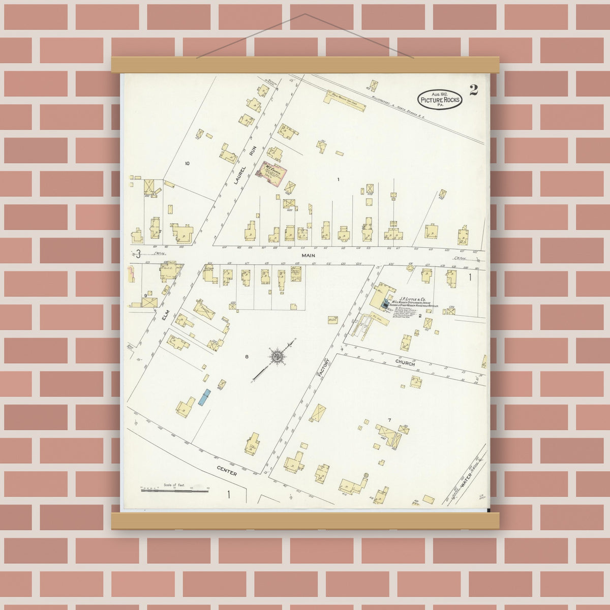 Old map wall art mockup — magnetic wood frame on brick wall — Sanborn Fire Insurance Map from Picture Rocks, Lycoming County, Pennsylvania (1912), Sheet #0002