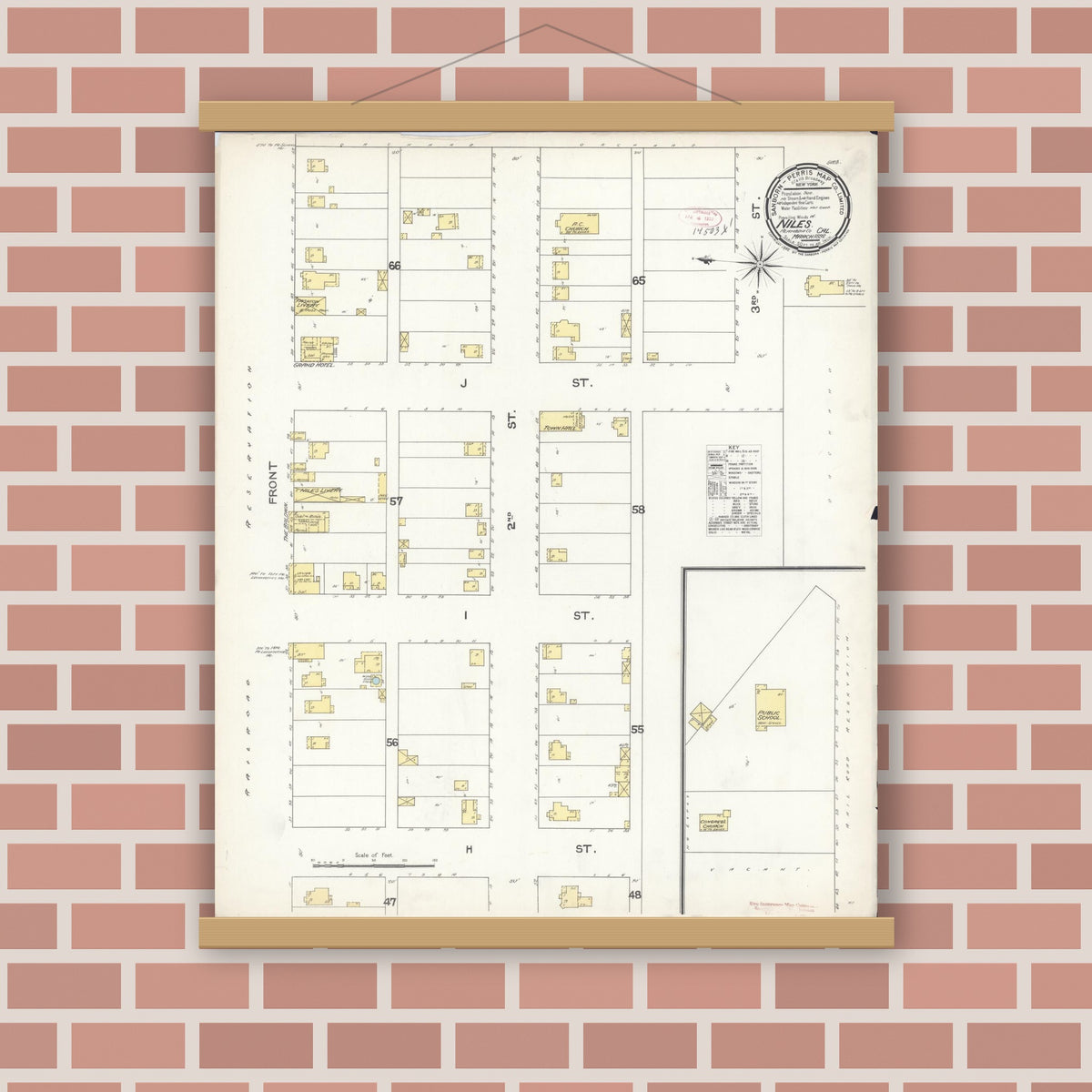 Old map wall art mockup — magnetic wood frame on brick wall — Sanborn Fire Insurance Map from Niles, Alameda County, California (1892), Sheet #0001