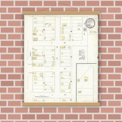 Old map wall art mockup — magnetic wood frame on brick wall — Sanborn Fire Insurance Map from Niles, Alameda County, California (1892), Sheet #0001