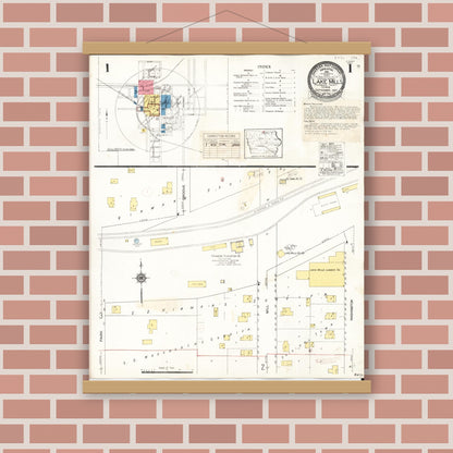 Old map wall art mockup — magnetic wood frame on brick wall — Sanborn Fire Insurance Map from Lake Mills, Winnebago County, Iowa (1935), Sheet #0001