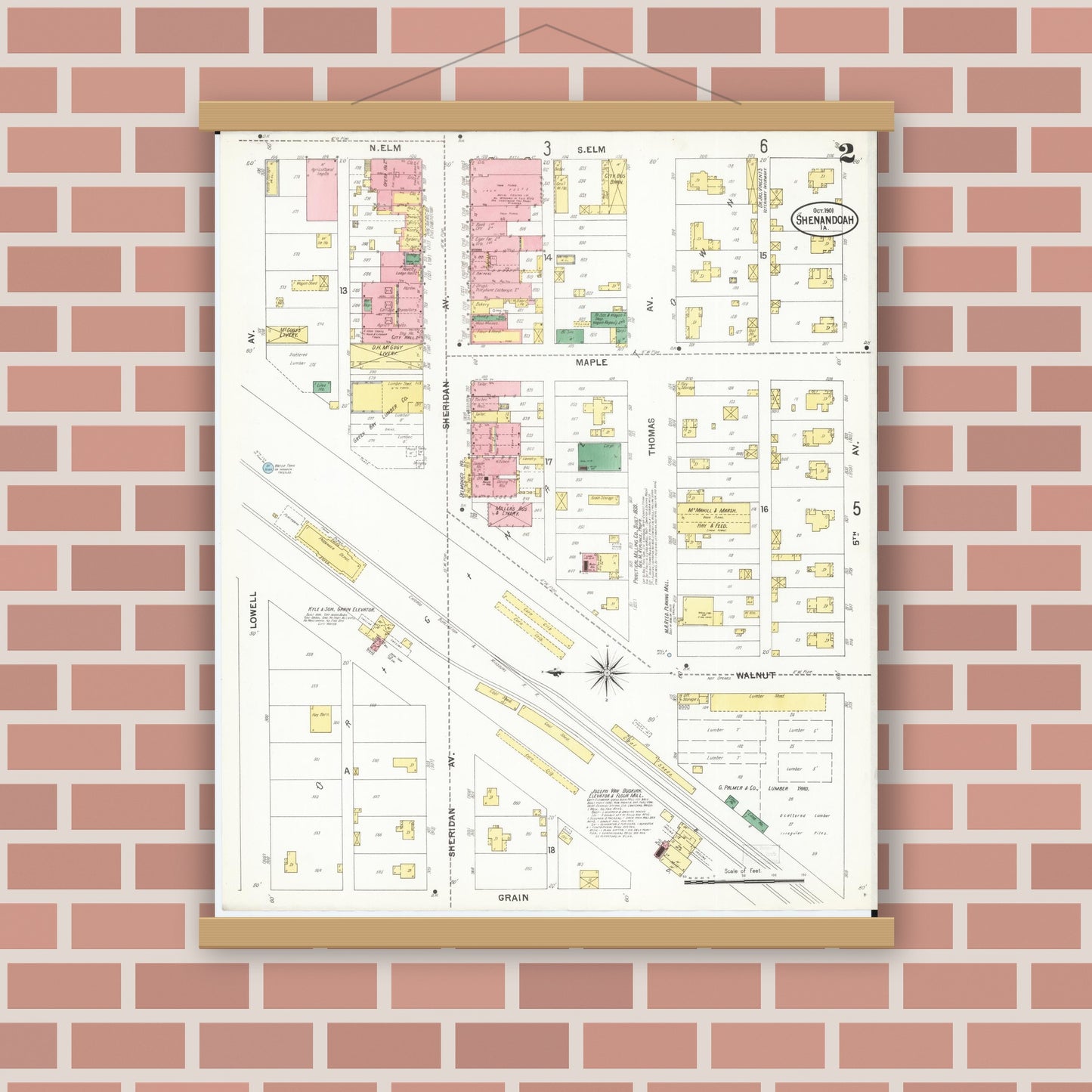 Old map wall art mockup — magnetic wood frame on brick wall — Sanborn Fire Insurance Map from Shenandoah, Page County, Iowa (1901), Sheet #0002