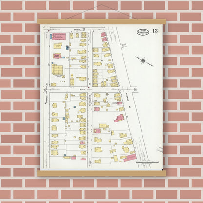 Old map wall art mockup — magnetic wood frame on brick wall — Sanborn Fire Insurance Map from Kingston, Luzerne County, Pennsylvania (1919), Sheet #0013