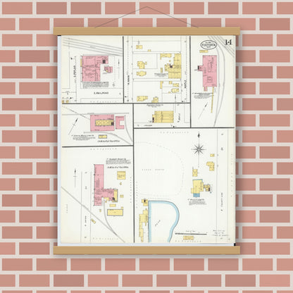 Old map wall art mockup — magnetic wood frame on brick wall — Sanborn Fire Insurance Map from Fostoria, Seneca, Hancock, And Wood Counties, Ohio (1901), Sheet #0014