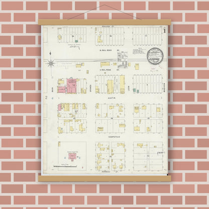 Old map wall art mockup — magnetic wood frame on brick wall — Sanborn Fire Insurance Map from Giddings, Lee County, Texas (1896), Sheet #0001