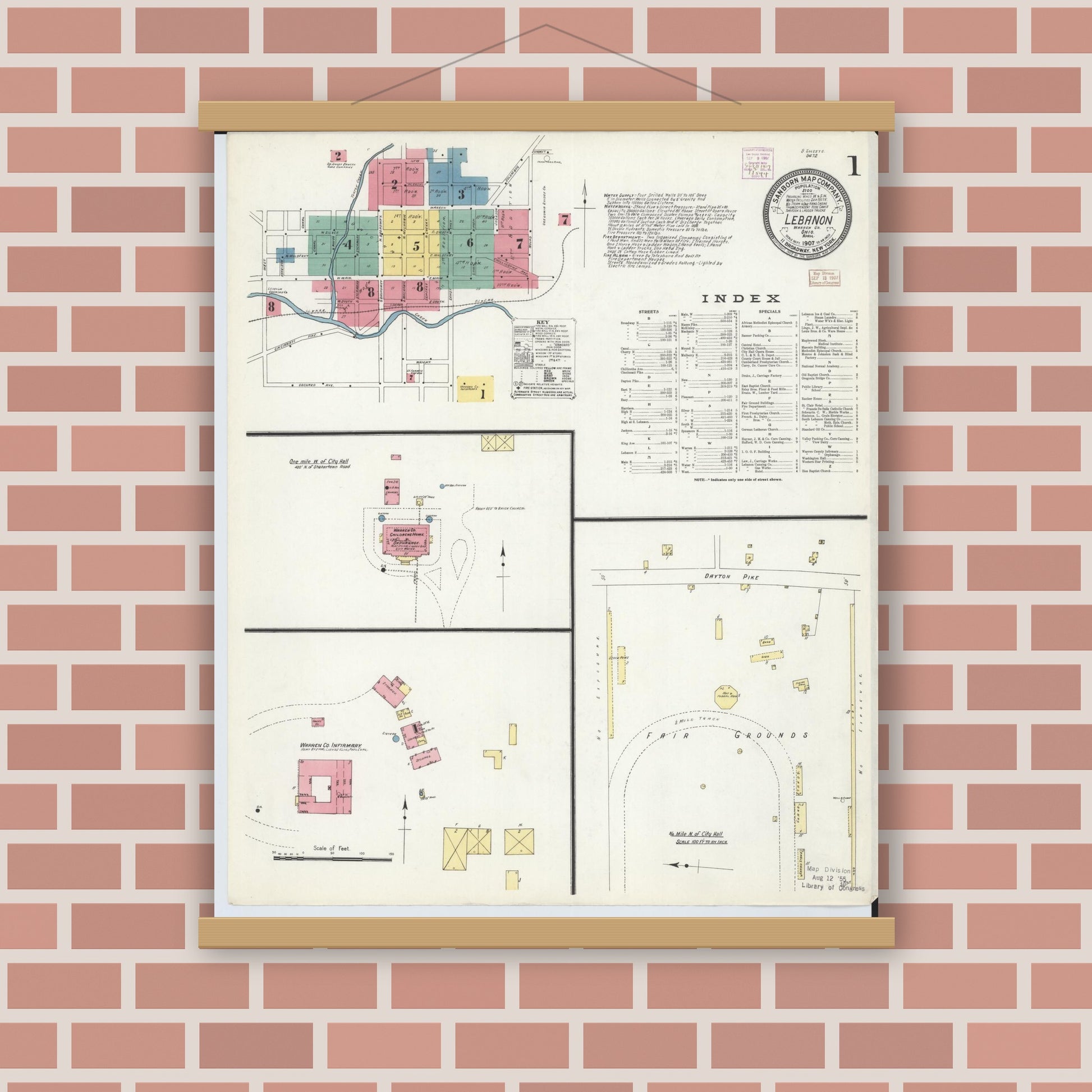 Old map wall art mockup — magnetic wood frame on brick wall — Sanborn Fire Insurance Map from Lebanon, Warren County, Ohio (1907) - Complete Map Set