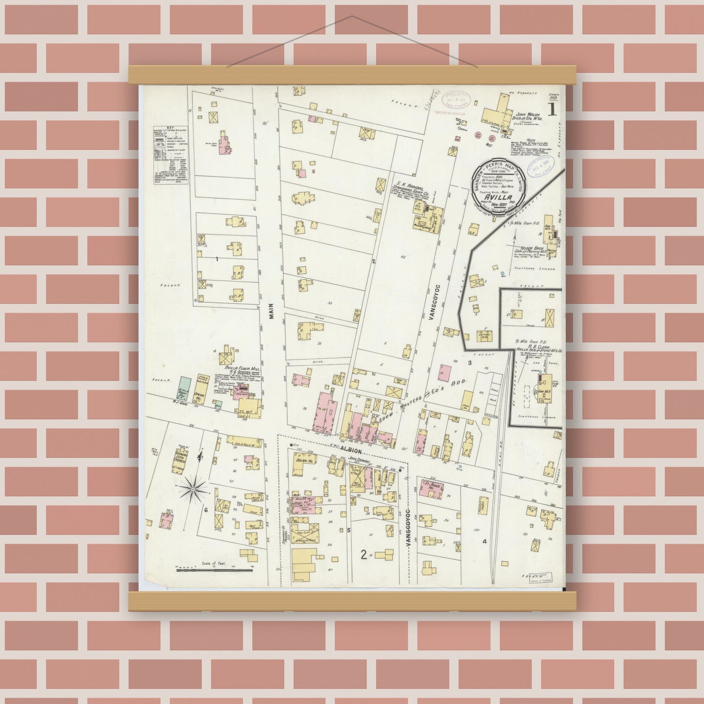 Old map wall art mockup — magnetic wood frame on brick wall — Sanborn Fire Insurance Map from Avilla, Noble County, Indiana (1897) - Complete Map Set
