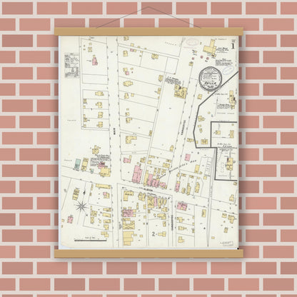 Old map wall art mockup — magnetic wood frame on brick wall — Sanborn Fire Insurance Map from Avilla, Noble County, Indiana (1897) - Complete Map Set