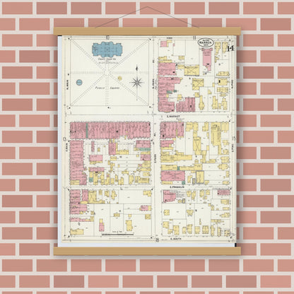 Old map wall art mockup — magnetic wood frame on brick wall — Sanborn Fire Insurance Map from Warren, Trumbull County, Ohio (1902), Sheet #0014