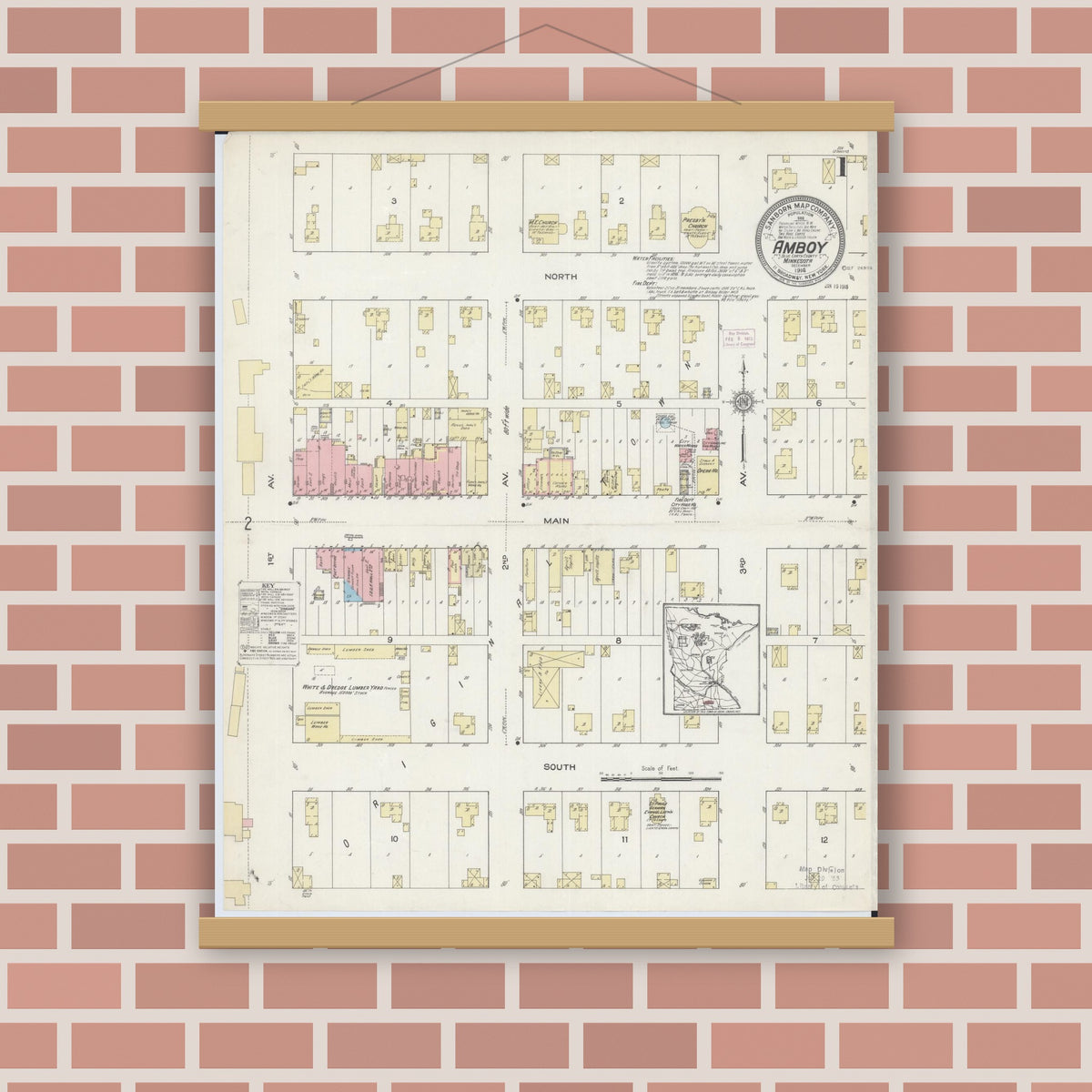 Old map wall art mockup — magnetic wood frame on brick wall — Sanborn Fire Insurance Map from Amboy, Blue Earth County, Minnesota (1914) - Complete Map Set