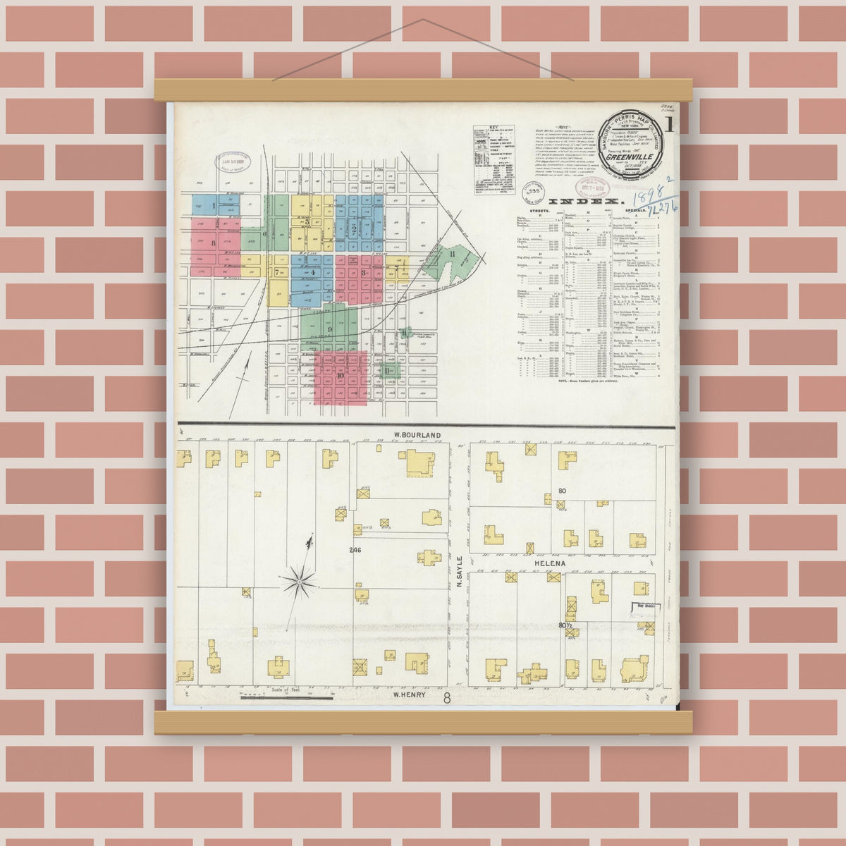 Old map wall art mockup — magnetic wood frame on brick wall — Sanborn Fire Insurance Map from Greenville, Hunt County, Texas (1898) - Complete Map Set