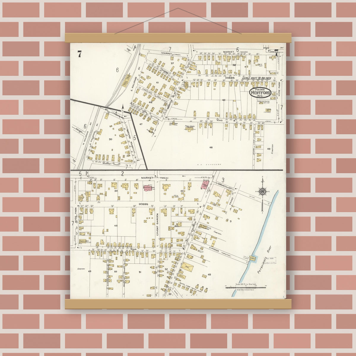 Old map wall art mockup — magnetic wood frame on brick wall — Sanborn Fire Insurance Map from Hertford, Perquimans County, North Carolina (1923), Sheet #0007
