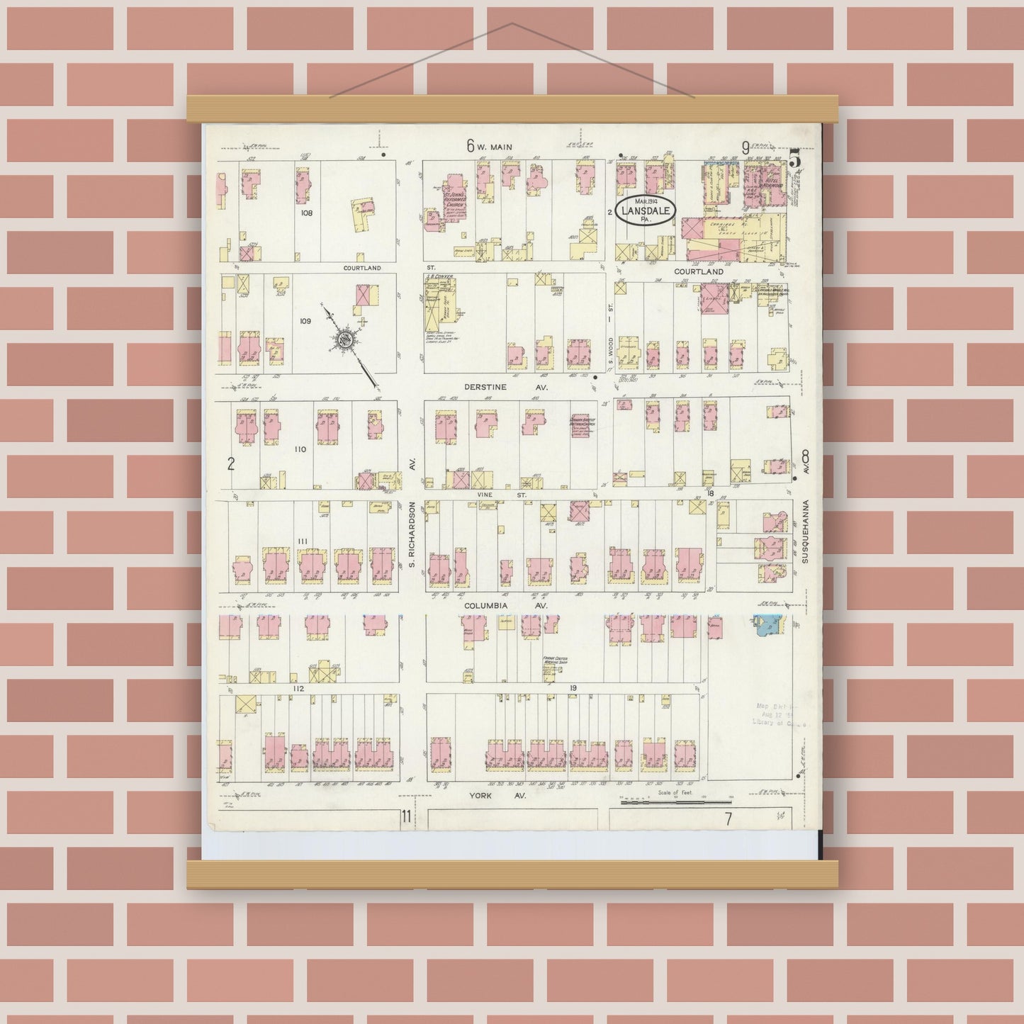Old map wall art mockup — magnetic wood frame on brick wall — Sanborn Fire Insurance Map from Lansdale, Montgomery County, Pennsylvania (1914), Sheet #0005