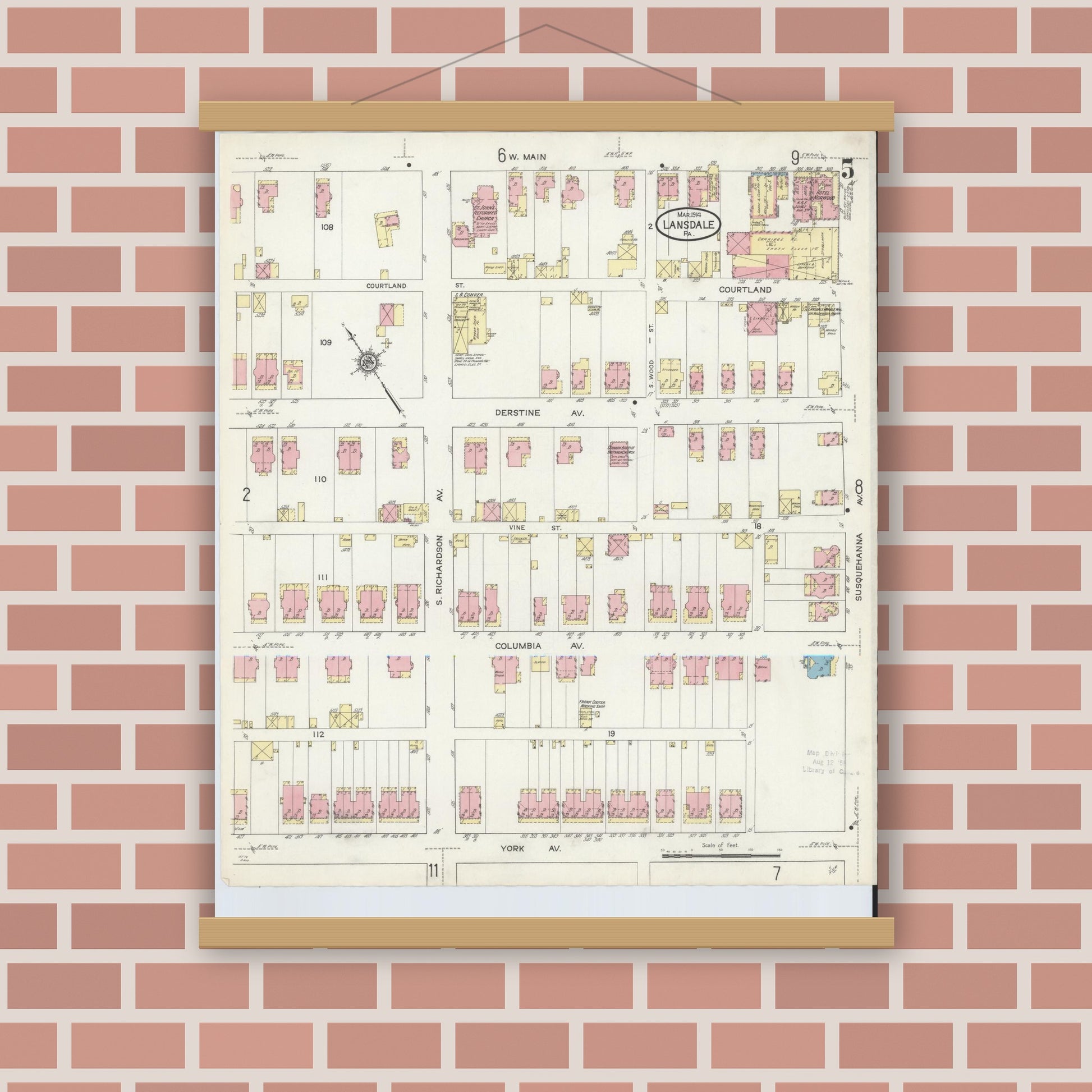 Old map wall art mockup — magnetic wood frame on brick wall — Sanborn Fire Insurance Map from Lansdale, Montgomery County, Pennsylvania (1914), Sheet #0005
