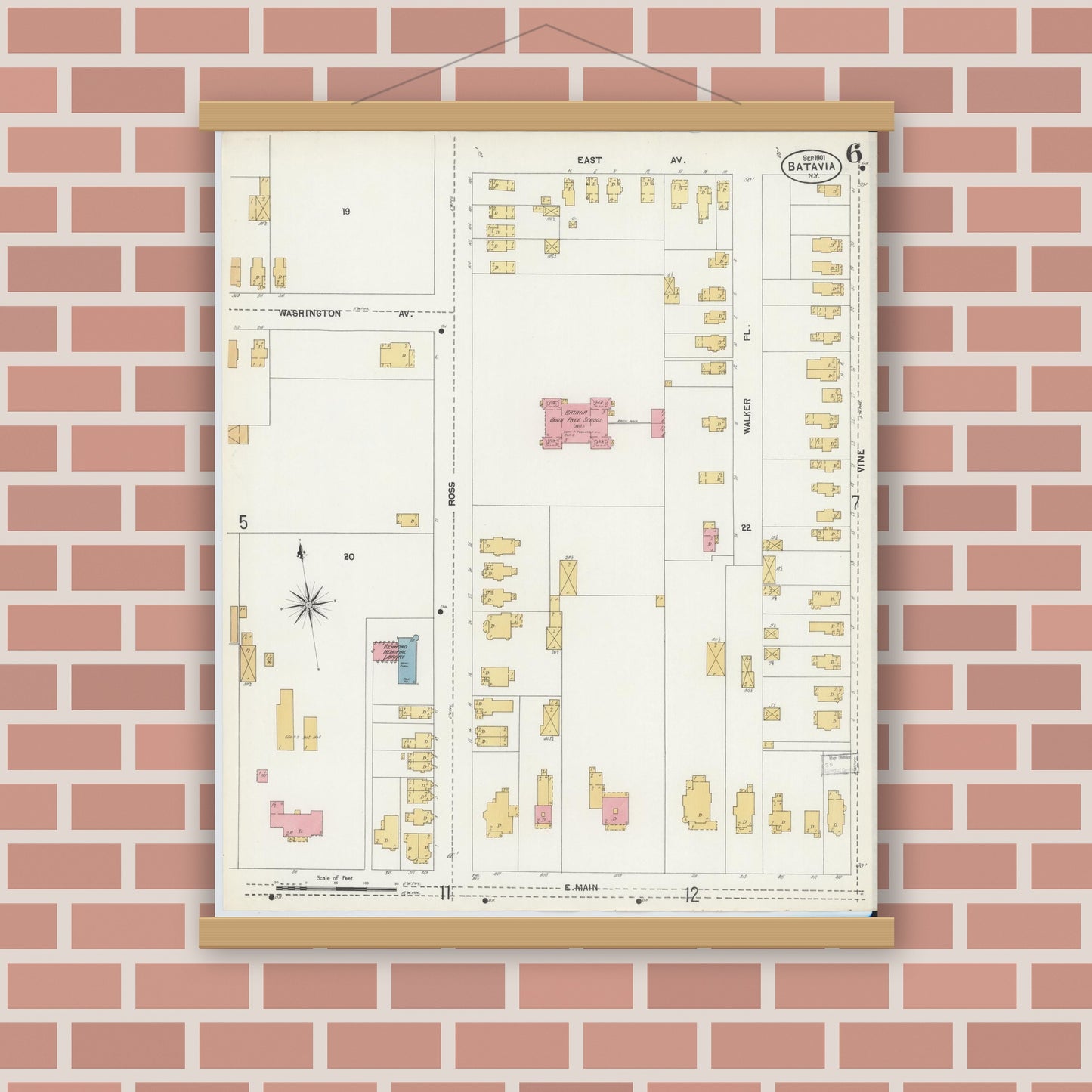 Old map wall art mockup — magnetic wood frame on brick wall — Sanborn Fire Insurance Map from Batavia, Genesee County, New York (1901), Sheet #0006