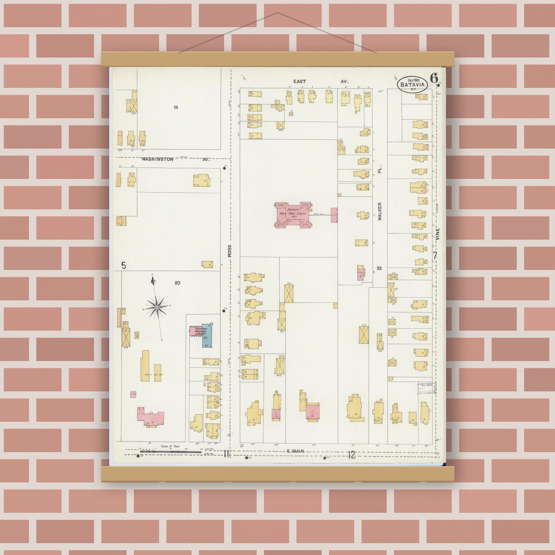 Old map wall art mockup — magnetic wood frame on brick wall — Sanborn Fire Insurance Map from Batavia, Genesee County, New York (1901), Sheet #0006