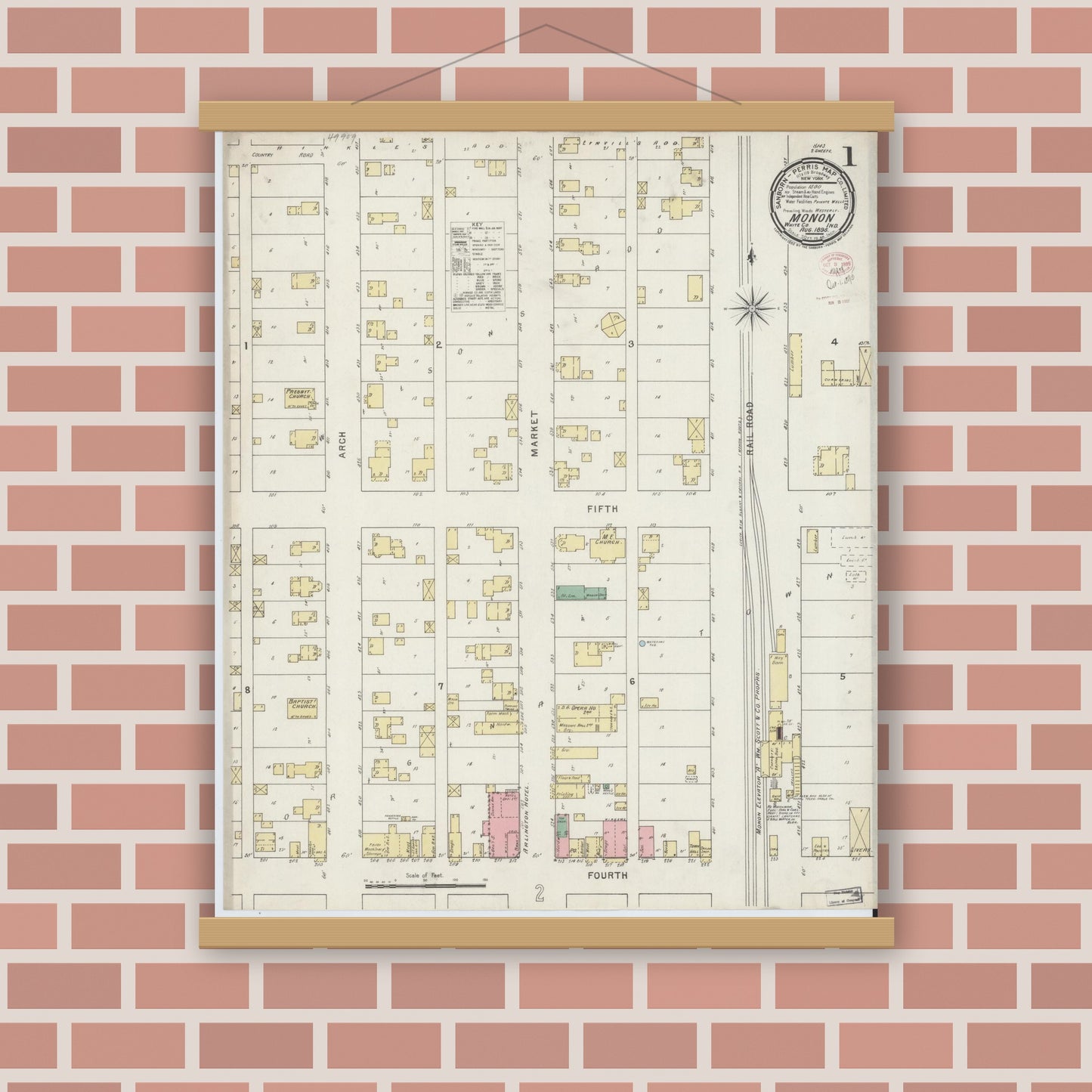 Old map wall art mockup — magnetic wood frame on brick wall — Sanborn Fire Insurance Map from Monon, White County, Indiana (1895) - Complete Map Set