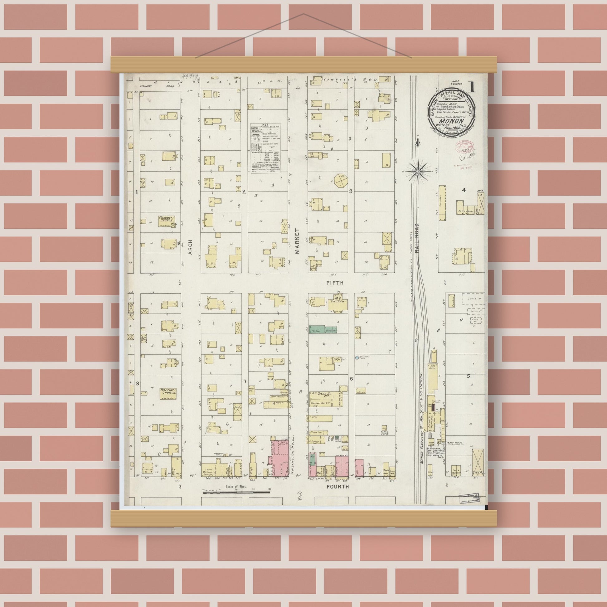 Old map wall art mockup — magnetic wood frame on brick wall — Sanborn Fire Insurance Map from Monon, White County, Indiana (1895) - Complete Map Set