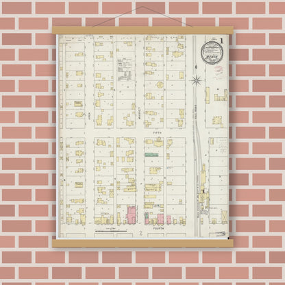 Old map wall art mockup — magnetic wood frame on brick wall — Sanborn Fire Insurance Map from Monon, White County, Indiana (1895) - Complete Map Set
