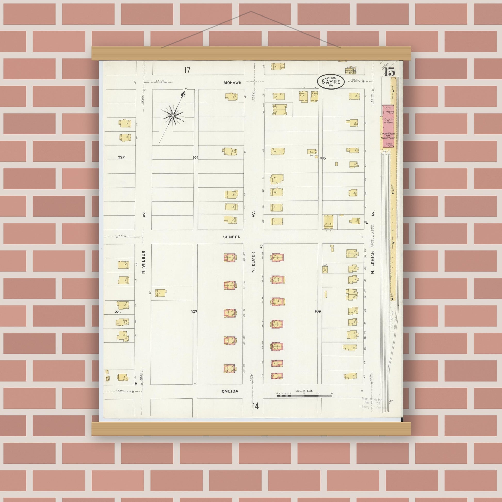 Old map wall art mockup — magnetic wood frame on brick wall — Sanborn Fire Insurance Map from Sayre, Bradford County, Pennsylvania (1909), Sheet #0015
