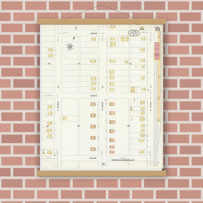 Old map wall art mockup — magnetic wood frame on brick wall — Sanborn Fire Insurance Map from Sayre, Bradford County, Pennsylvania (1909), Sheet #0015