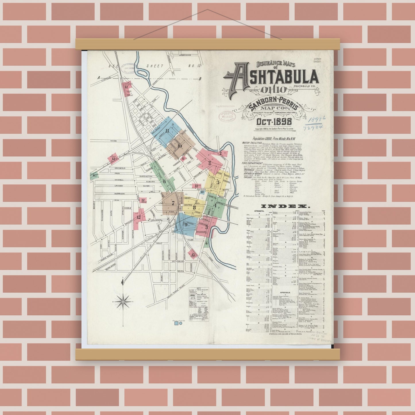 Old map wall art mockup — magnetic wood frame on brick wall — Sanborn Fire Insurance Map from Ashtabula, Ashtabula County, Ohio (1898) - Complete Map Set