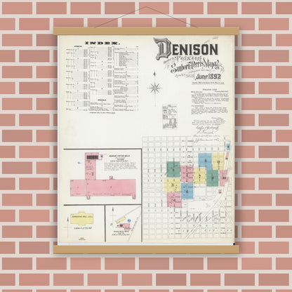 Old map wall art mockup — magnetic wood frame on brick wall — Sanborn Fire Insurance Map from Denison, Grayson County, Texas (1892), Sheet #0001